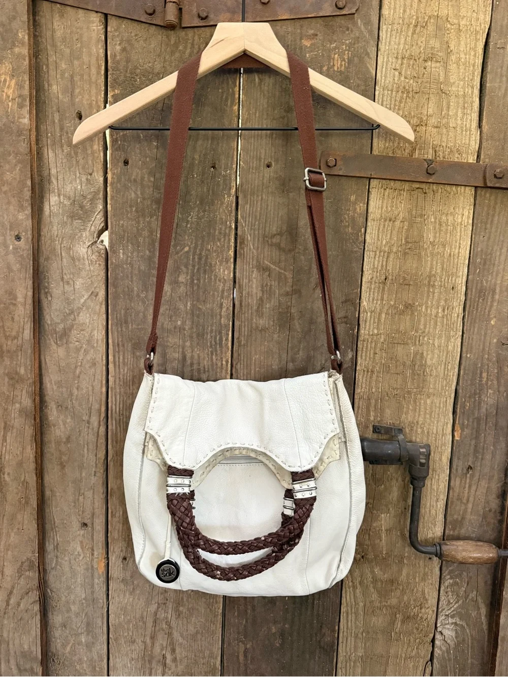 THE SAK Pebbled White & Brown Leather Slouch Bag Bucket Bag Purse